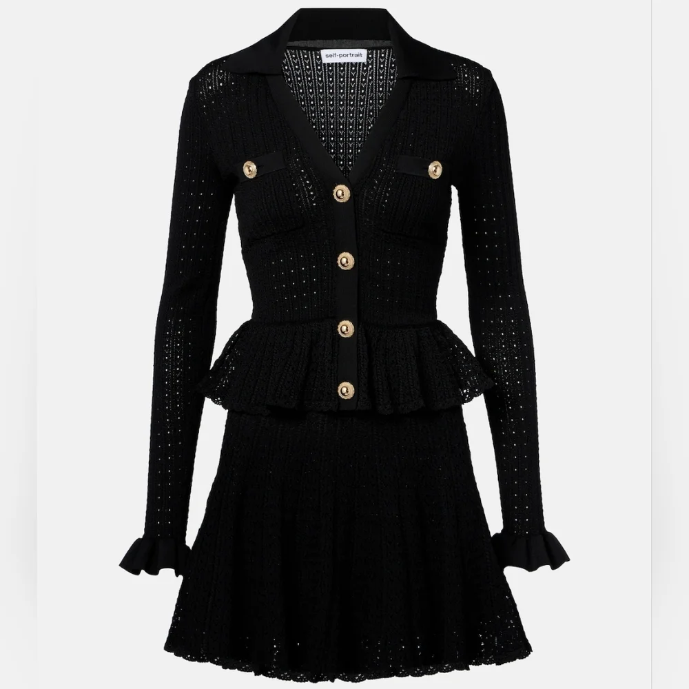 Self-portrait Black Pointelle V Neck Knit Mini Dress - Picture 7 of 9